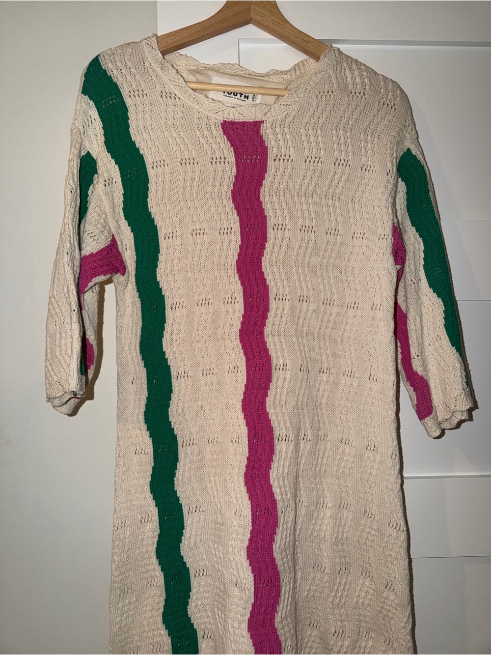 NATIVE YOUTH Cream Knit Dress with Pink and Green Waves